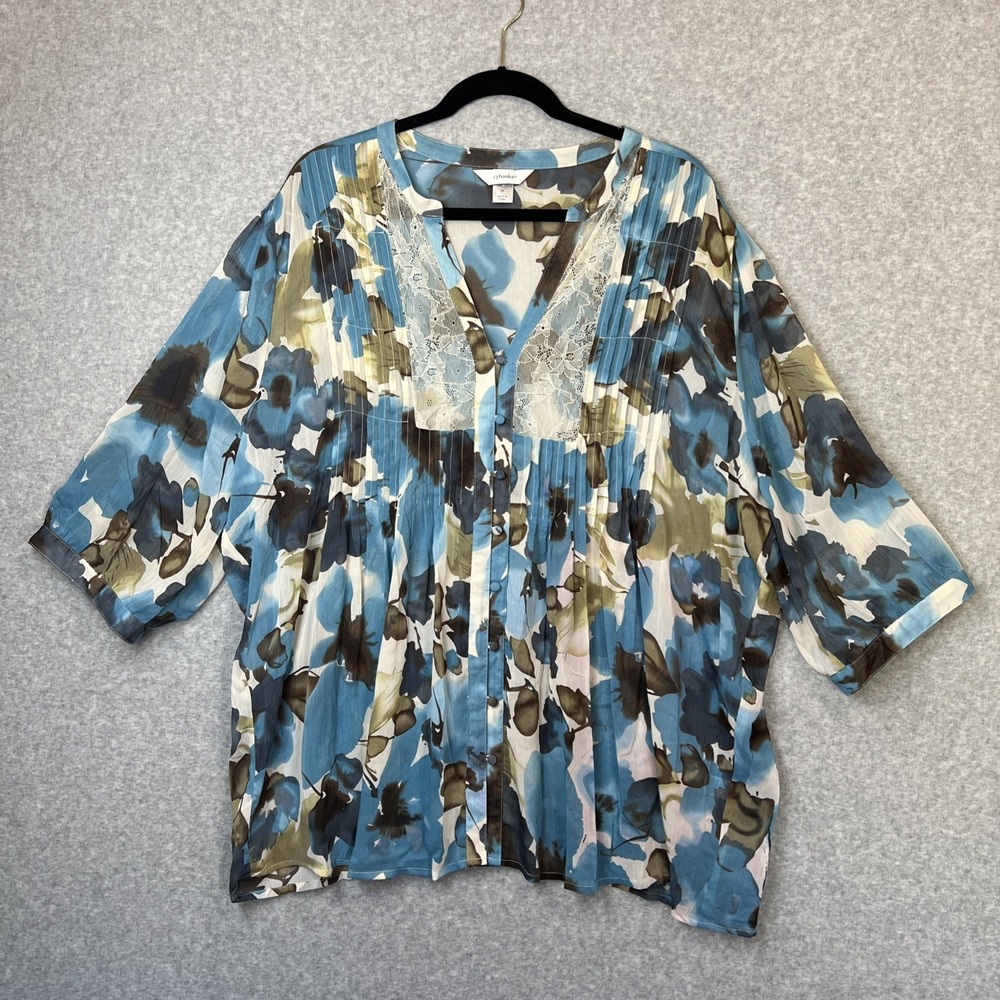 CJ Banks 3X Floral Sheer Blouse Blue Lace Pintuck 3/4 Sleeve Plus Size Boho
